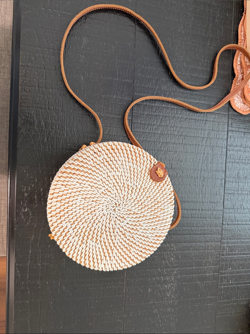 Woven Round Crossbody Bag - Tan and Cream